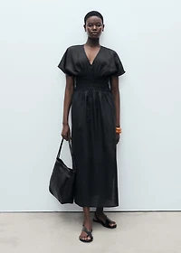 Long linen dress with gathered panel