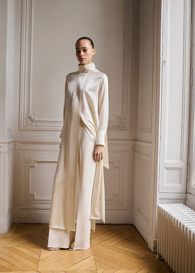 Cape-style silk dress with bow neck