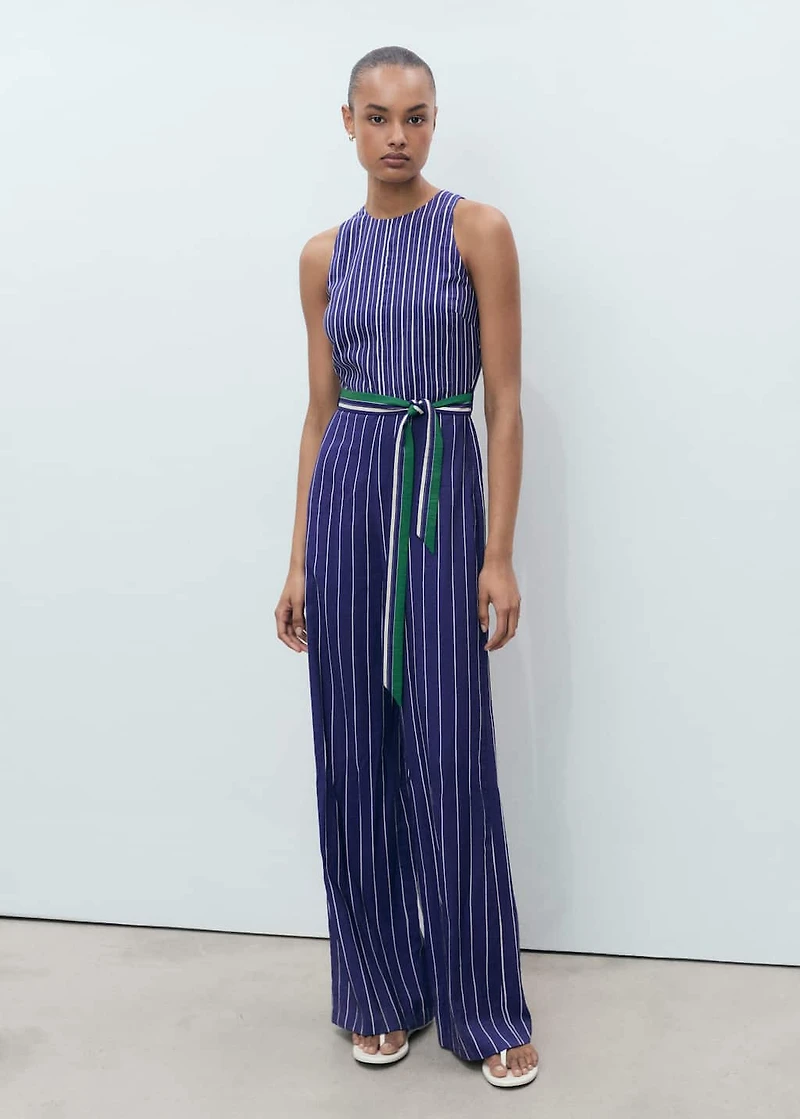 Striped jumpsuit with belt
