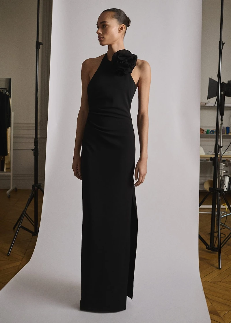 Draped halter-neck dress with flower motif