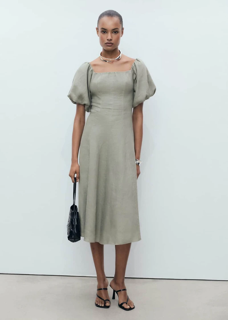 Puffed-sleeve linen dress