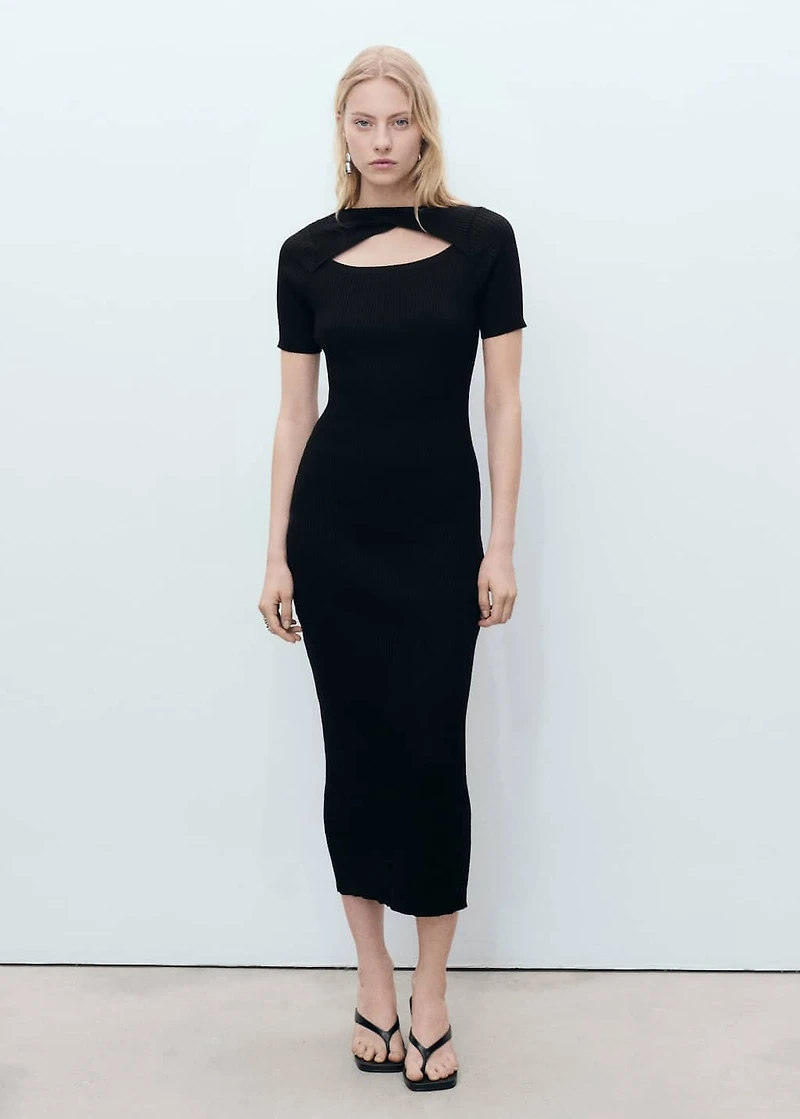 Ribbed midi-dress with slit neckline