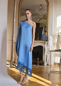 Asymmetrical satin dress with fringes