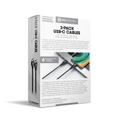 Bio Essentials USB-C to USB-C Charge Cable (3 pack)   