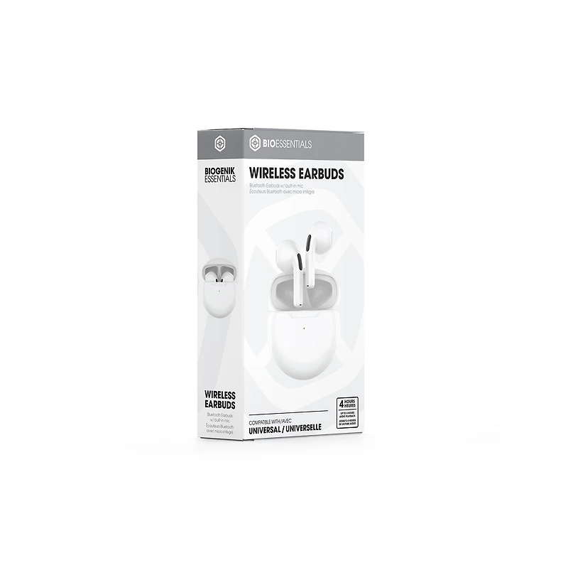 Biogenik Wireless Bluetooth Earbuds with Built in Mic - Hard White