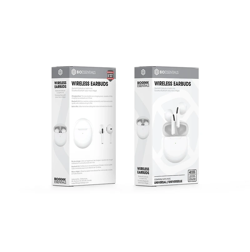 Biogenik Wireless Bluetooth Earbuds with Built in Mic - Hard White