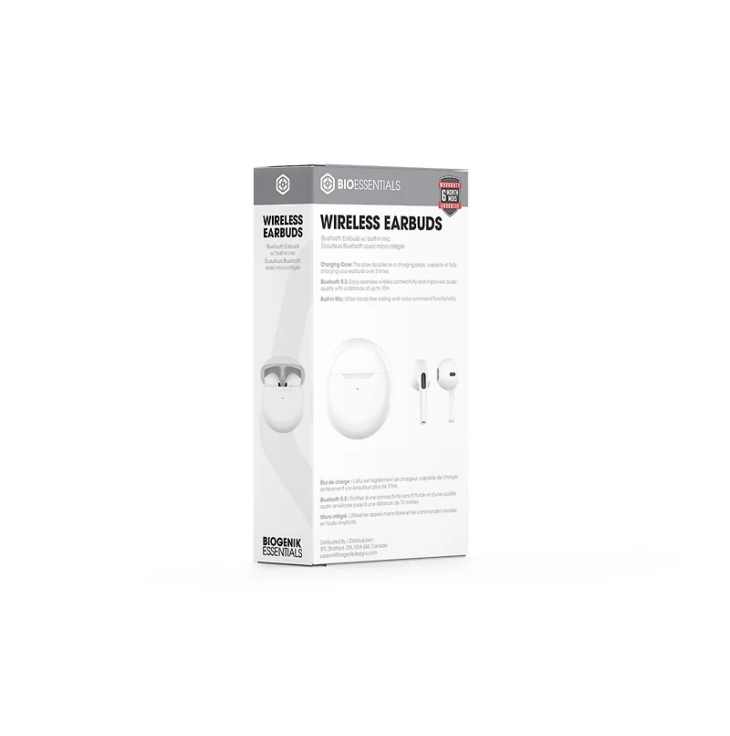 Biogenik Wireless Bluetooth Earbuds with Built in Mic - Hard White