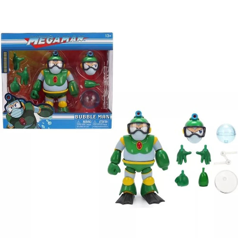 Bubble Man 5" Figure (Deluxe Version) with Accessories and Alternate Head and Hands "Mega Man" (1987) Video Game Model by Jada