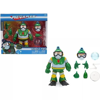 Bubble Man 5" Figure (Deluxe Version) with Accessories and Alternate Head and Hands "Mega Man" (1987) Video Game Model by Jada
