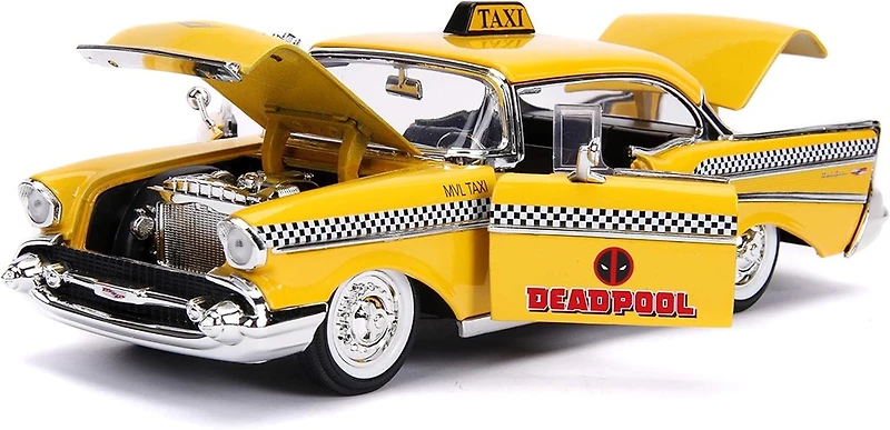 Jada 1957 Chevrolet Bel Air Taxi Yellow with Deadpool Die-cast Figure Marvel Series 1/24 Die-cast Vehicle Replica
