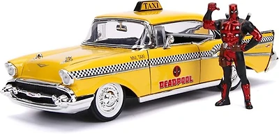 Jada 1957 Chevrolet Bel Air Taxi Yellow with Deadpool Die-cast Figure Marvel Series 1/24 Die-cast Vehicle Replica