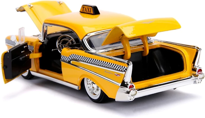 Jada 1957 Chevrolet Bel Air Taxi Yellow with Deadpool Die-cast Figure Marvel Series 1/24 Die-cast Vehicle Replica