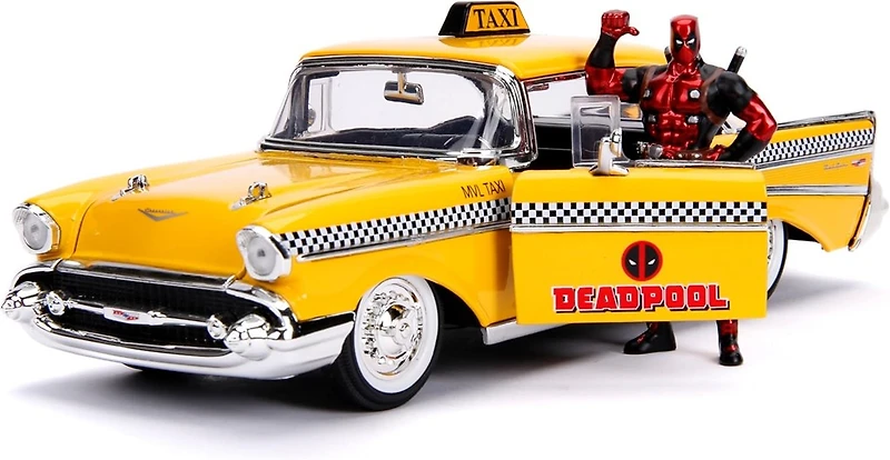 Jada 1957 Chevrolet Bel Air Taxi Yellow with Deadpool Die-cast Figure Marvel Series 1/24 Die-cast Vehicle Replica
