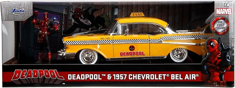 Jada 1957 Chevrolet Bel Air Taxi Yellow with Deadpool Die-cast Figure Marvel Series 1/24 Die-cast Vehicle Replica