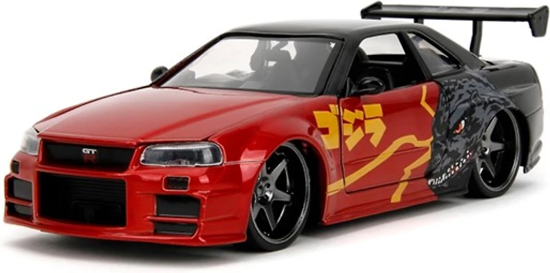 Jada Hollywood Rides 2002 Nissan Skyline GT-R (R34) Red Metallic and Black Godzilla vs. Destoroyah Die-Cast Vehicle Replica