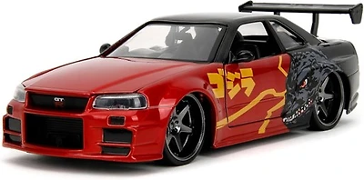 Jada Hollywood Rides 2002 Nissan Skyline GT-R (R34) Red Metallic and Black Godzilla vs. Destoroyah Die-Cast Vehicle Replica