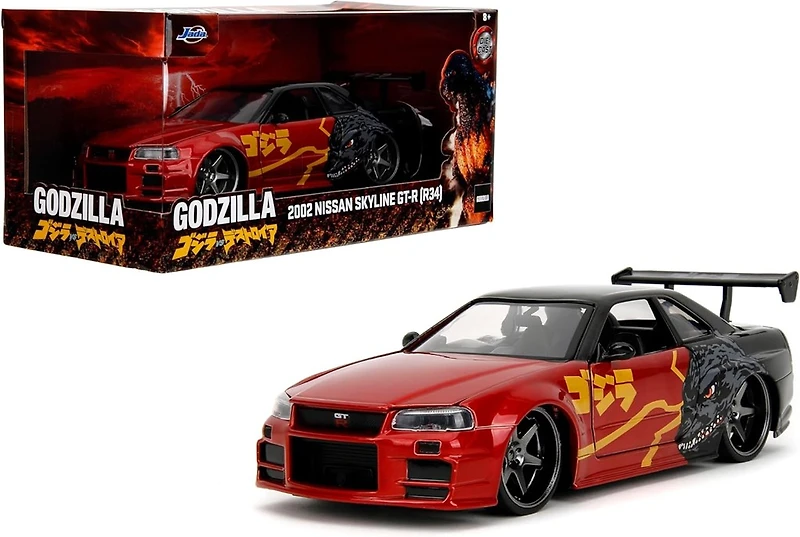 Jada Hollywood Rides 2002 Nissan Skyline GT-R (R34) Red Metallic and Black Godzilla vs. Destoroyah Die-Cast Vehicle Replica