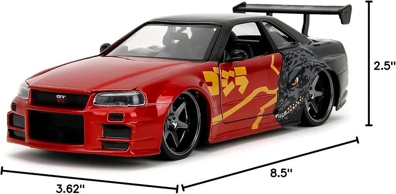 Jada Hollywood Rides 2002 Nissan Skyline GT-R (R34) Red Metallic and Black Godzilla vs. Destoroyah Die-Cast Vehicle Replica