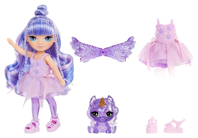 Rainbow High Littles Rainbow Fantasy Fairies + Pet – Amethyst, Purple 5.5" Small Doll & Unicorn – One Variation Chosen at Random