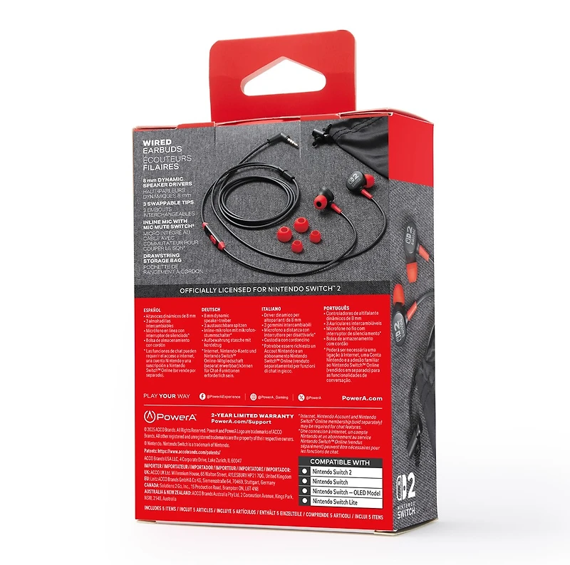 PowerA Wired Earbuds for Nintendo Switch 2 - Black 