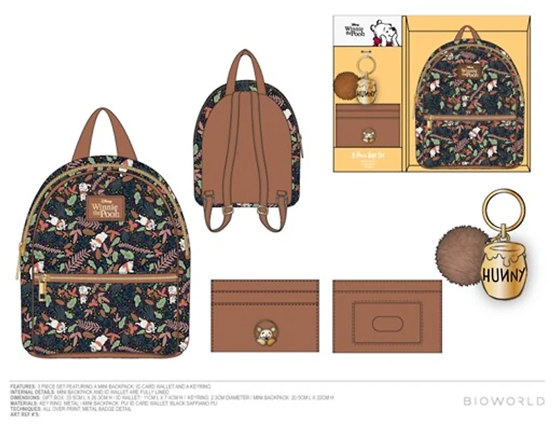 Winnie the Pooh Mini Dark Brown Backpack Set with Wallet and Keychain 