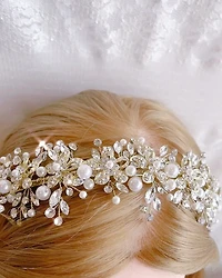 Bridal Gold Flower Pearl Wire Headband 152454