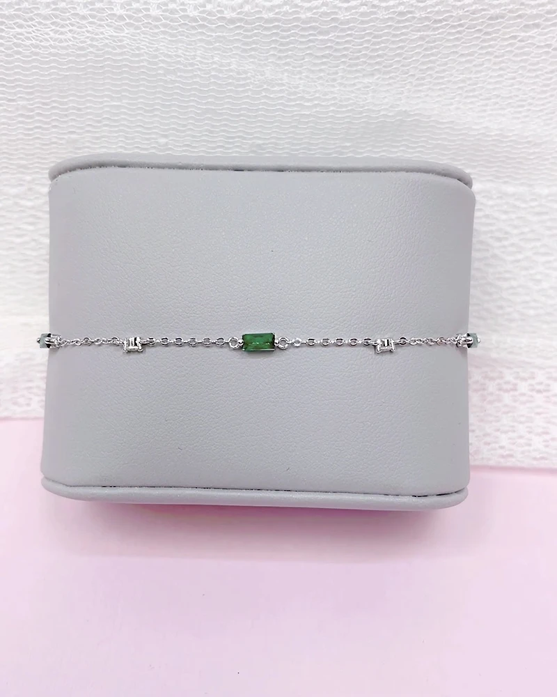 Sterling Silver Green Baguette Cubic Zirconia Anklet 152206