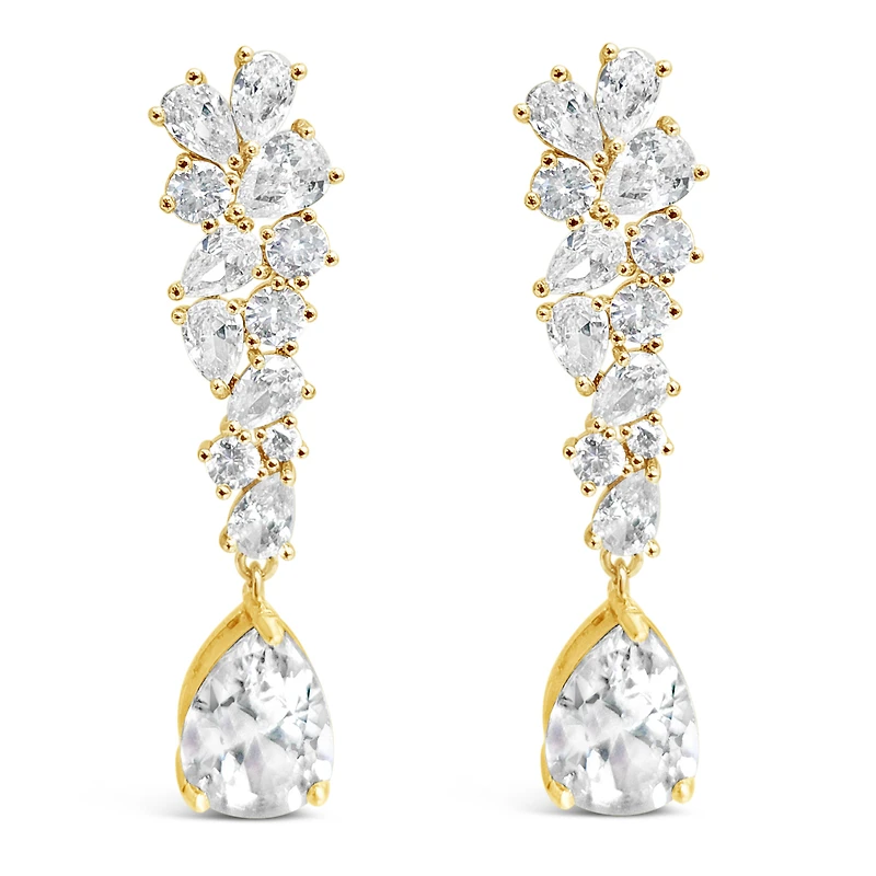 Bridal  Gold Tear Drop Cluster  Long  Cubic Zirconia Earrings 155182