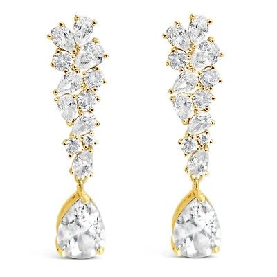 Bridal  Gold Tear Drop Cluster  Long  Cubic Zirconia Earrings 155182