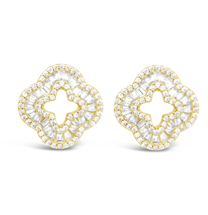 Yellow Gold Plated Sterling Silver Cover baguette Cubic Zirconia Earrings 155059