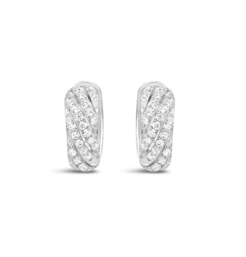 Sterling Silver Cubic Zirconia Round Pave Twist Huggies Earrings 155074