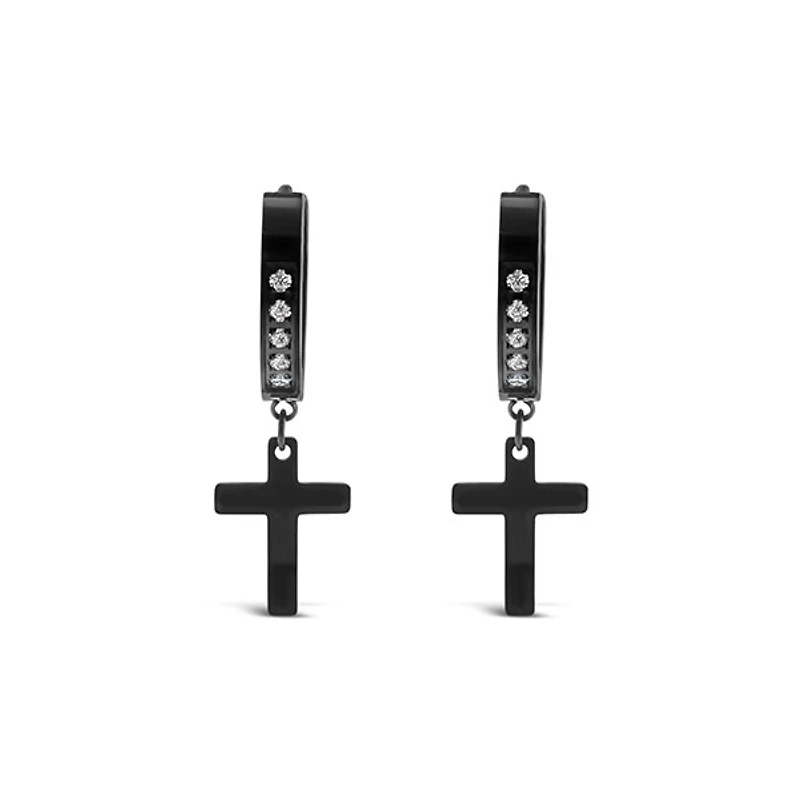 Stainless Steel Cubic Zirconia Black Cross Huggie Earrings 150105