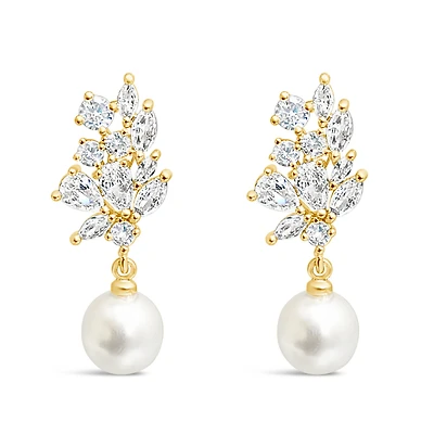 Bridal  Gold Tear Drop Pearl   Cubic Zirconia Earrings 155163