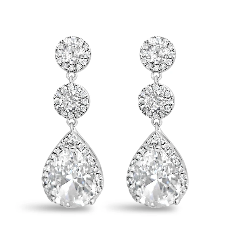Bridal Silver Tear Drop Halo  Cubic Zirconia Earrings 155158