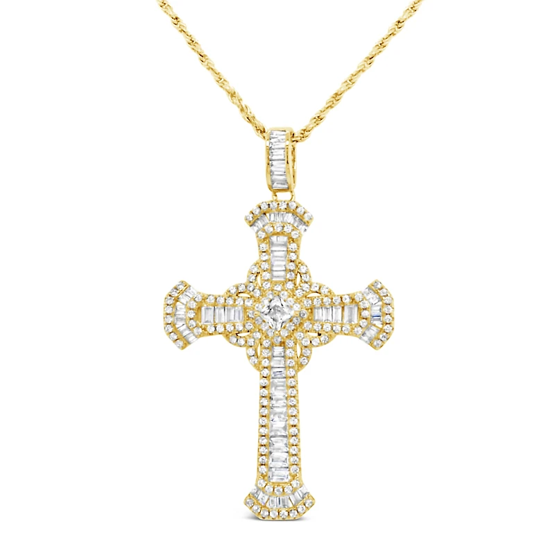 Yellow Gold Plated Sterling Silver Cubic Zirconia Cross Pendent Necklace
