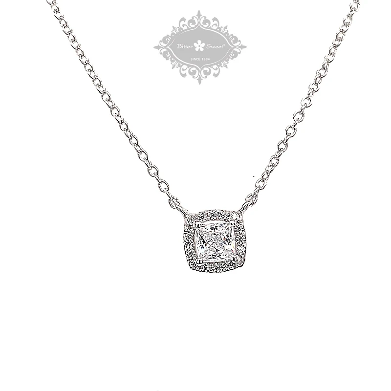 Sterling Silver Cubic Zirconia Square Outline Necklace 143471