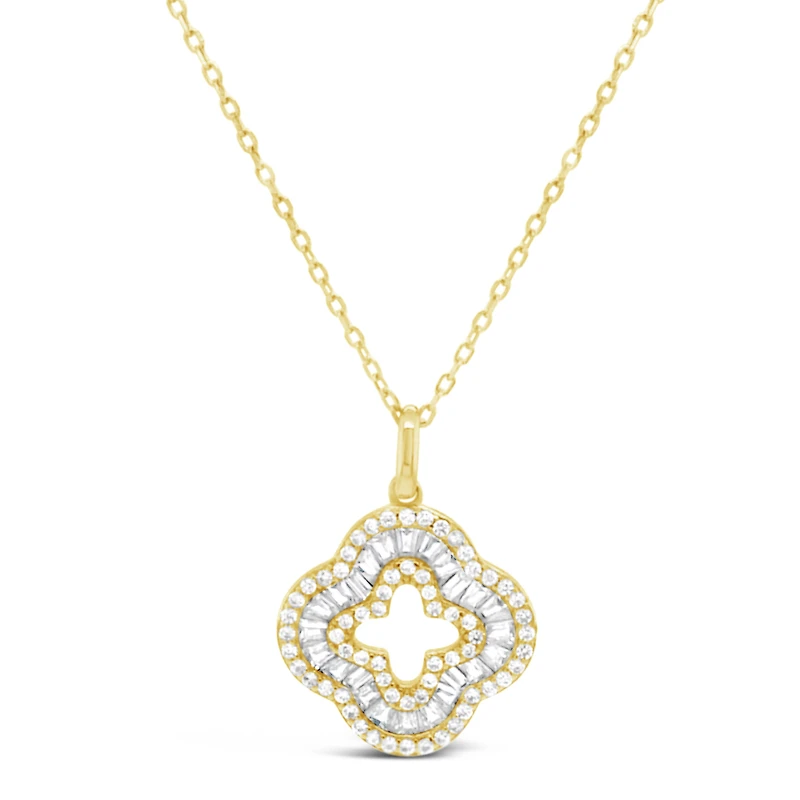 Yellow Gold Plated Sterling Silver Clover Baguette Cubic Zirconia Necklace155058