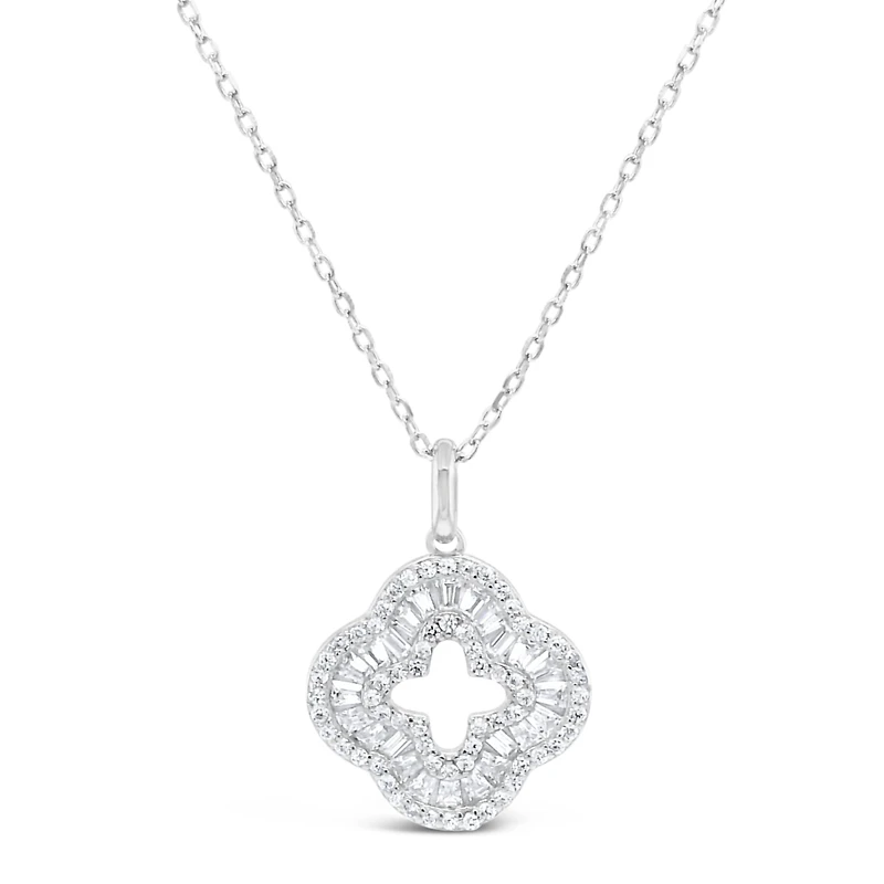 Sterling Silver Clover Bagutte Cubic Zirconia Necklace155056