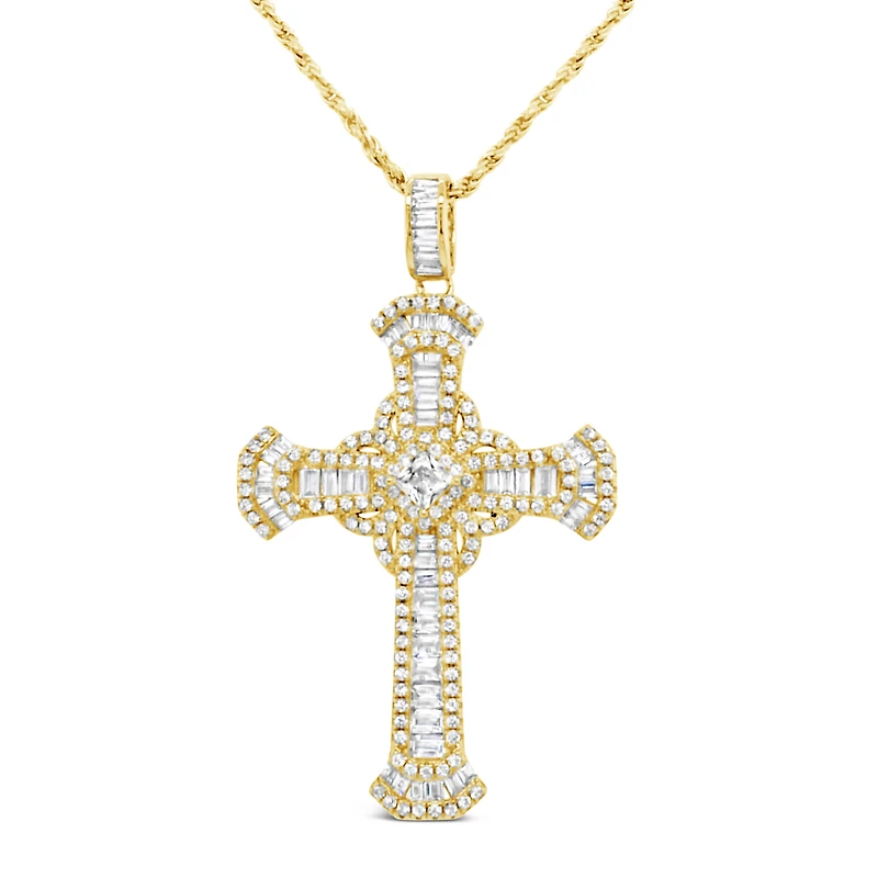 Yellow Gold Plated Sterling Silver Cubic Zirconia Cross Pendent Necklace