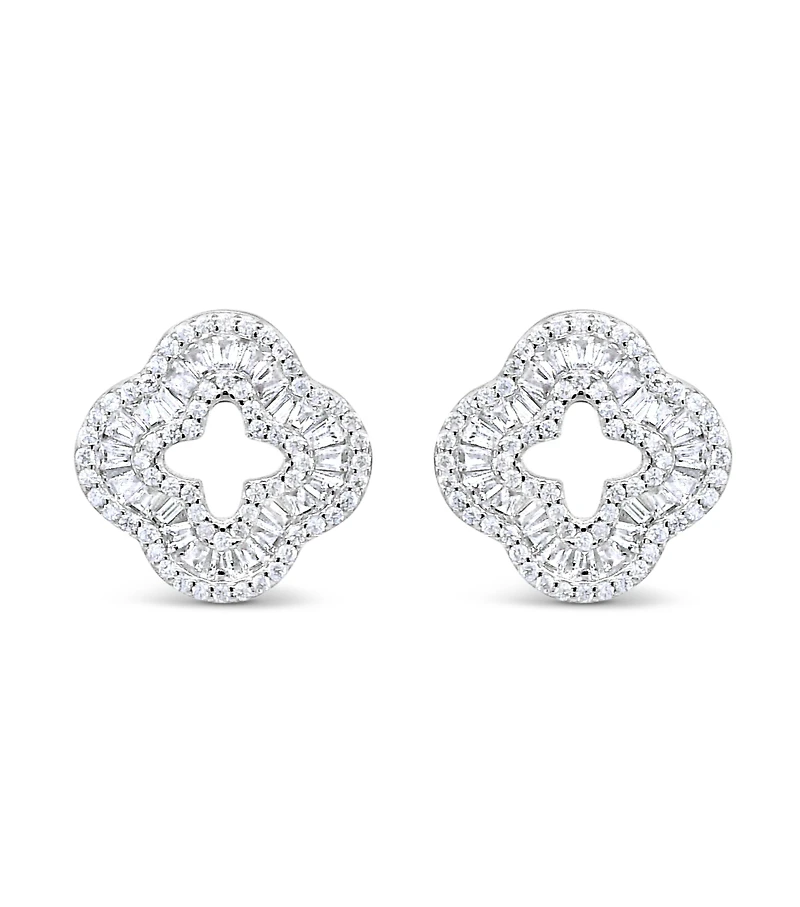 Sterling Silver Clover baguette  Cubic Zirconia Earrings 155057