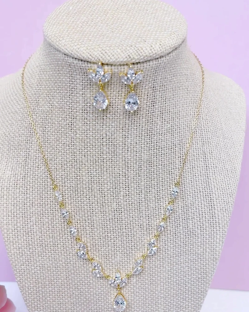 Bridal Gold Cubic Zirconia Necklace & Earrings Set