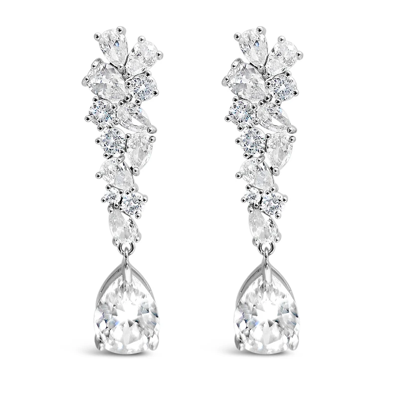 Bridal  Silver Tear Drop Cluster  Long  Cubic Zirconia Earrings 155181