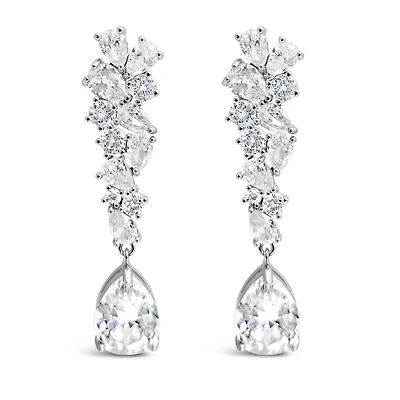 Bridal  Silver Tear Drop Cluster  Long  Cubic Zirconia Earrings 155181