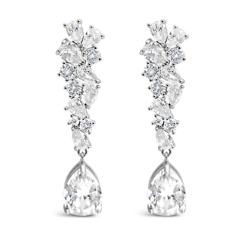 Bridal  Silver Tear Drop Cluster  Long  Cubic Zirconia Earrings 155181