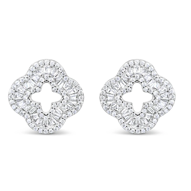 Sterling Silver Clover baguette  Cubic Zirconia Earrings 155057
