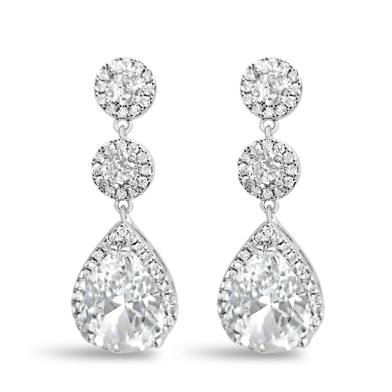 Bridal Silver Tear Drop Halo  Cubic Zirconia Earrings 155158
