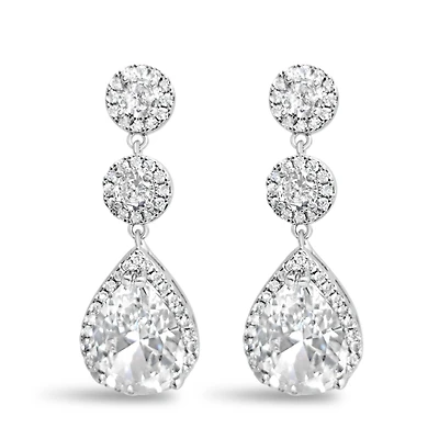 Bridal Silver Tear Drop Halo  Cubic Zirconia Earrings 155158