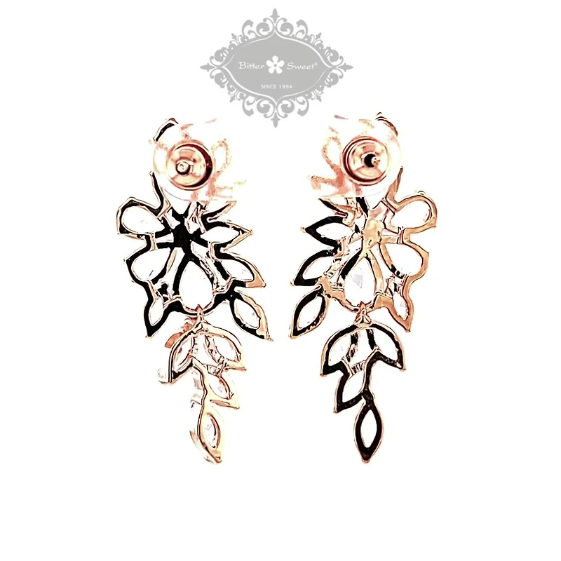 Bridal Rose Gold Cubic Zirconia Floral Drop Earrings 142870