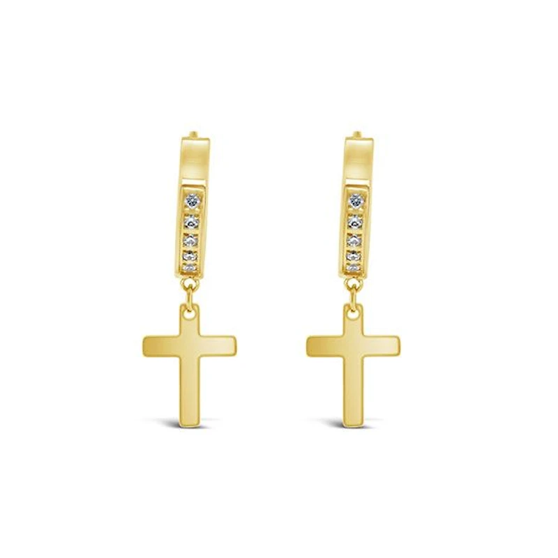 Stainless Steel Cubic Zirconia Gold Cross Huggie Earrings 150104