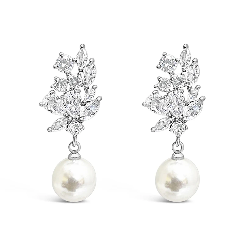 Bridal  Silver Tear Drop Pearl   Cubic Zirconia Earrings 155162